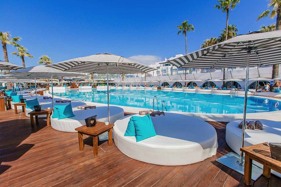 Ocean Club's pool and white daybeds under the palms