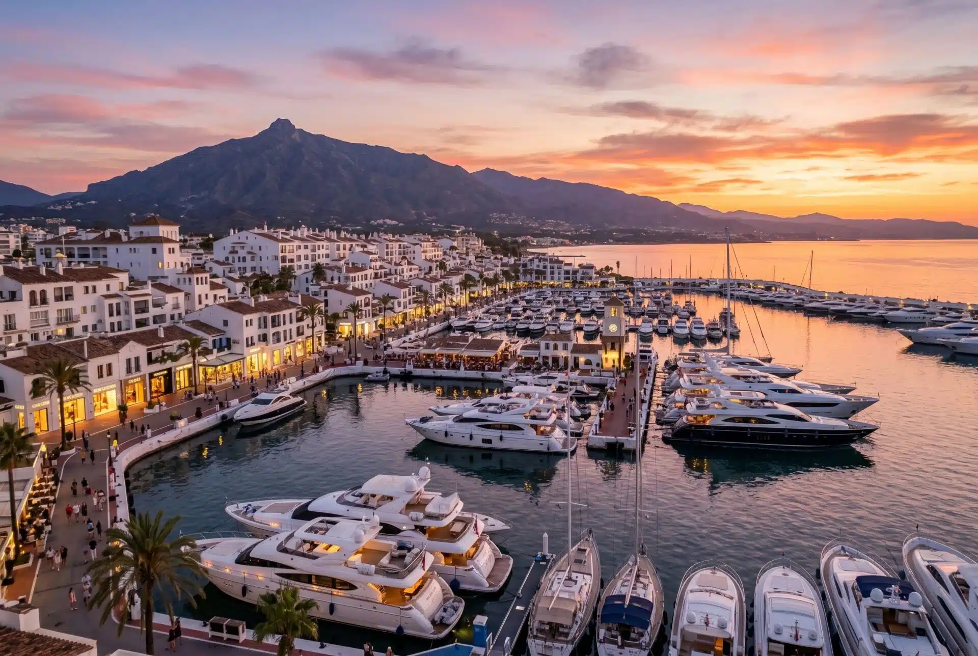 Puerto Banus marina at sunset with La Concha behind